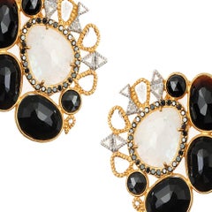 17.41 Carat Black Spinel Cluster Earrings with Rainbow Moonstone