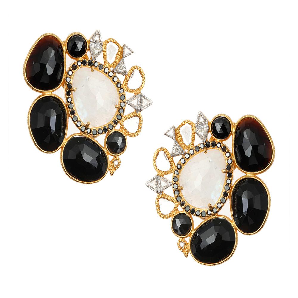 17.41 Carat Black Spinel Cluster Earrings with Rainbow Moonstone For Sale