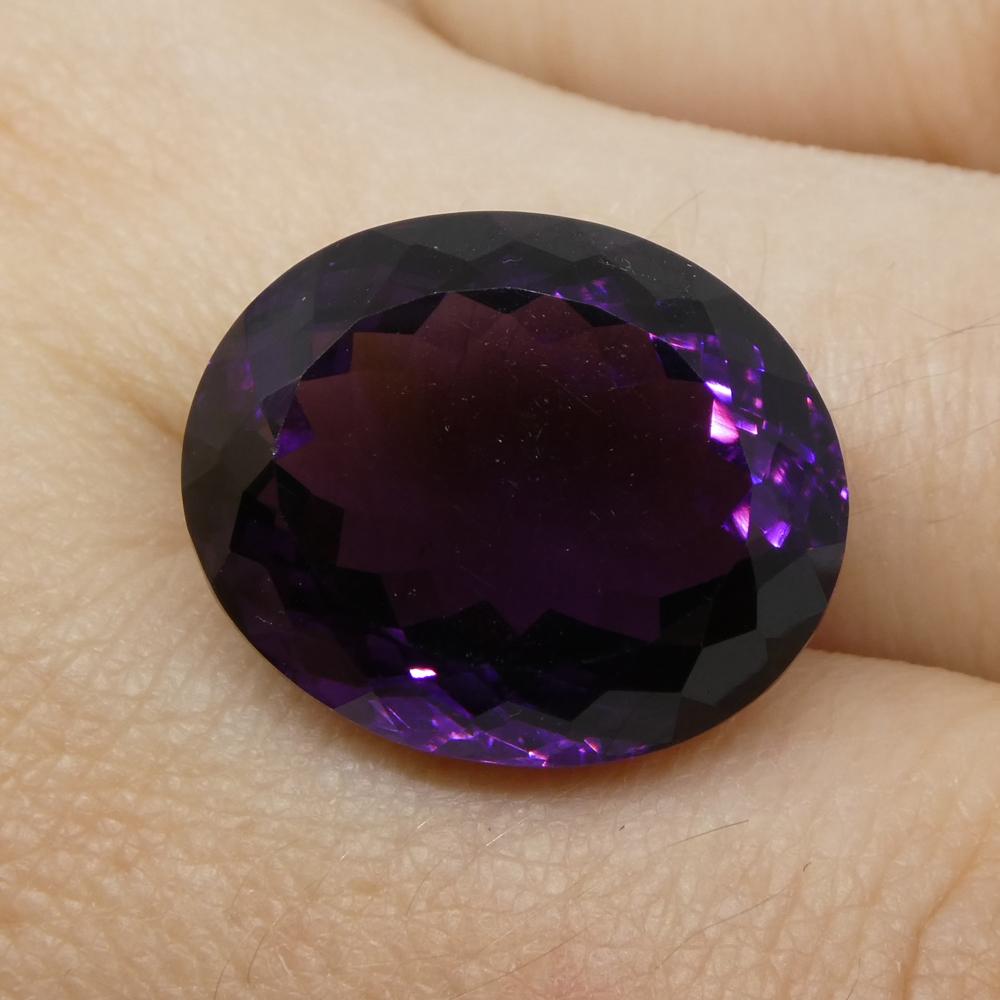 Description:

Gem Type: Amethyst
Number of Stones: 1
Weight: 17.41 cts
Measurements: 17.40x14.30x11.15 mm
Shape: Oval
Cutting Style Crown: Modified Brilliant
Cutting Style Pavilion: Modified Brilliant
Transparency: Transparent
Clarity: Very Slightly