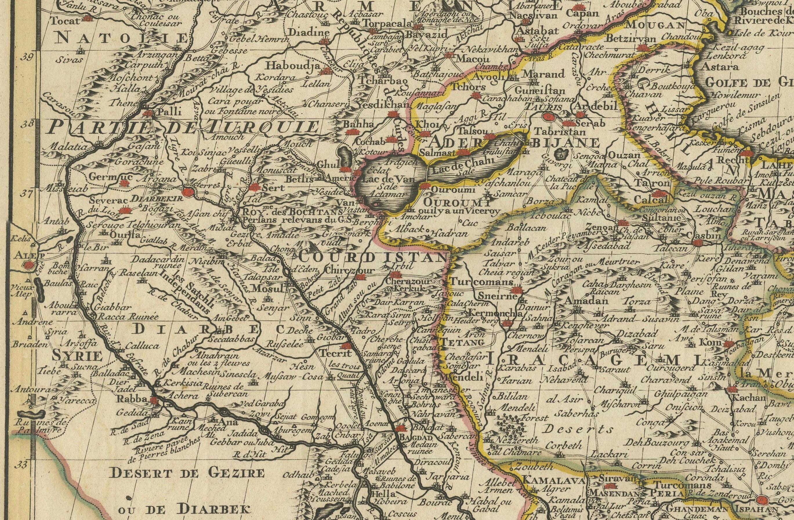 Carte ancienne de l'Empire persan avec bordures et cartouches détaillés de 1742 Bon état - En vente à Langweer, NL