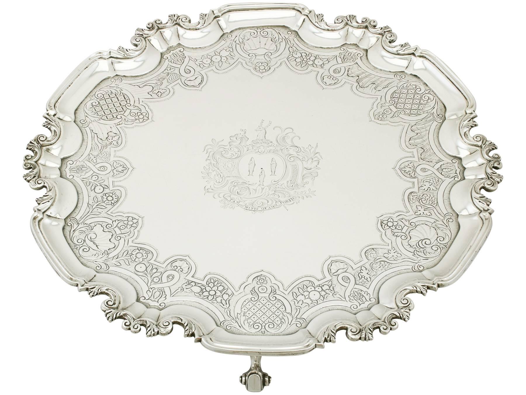 An exceptional, fine and impressive, rare pair of antique Georgian Newcastle sterling silver salvers; part of our Newcastle silverware collection.

These exceptional antique George II Newcastle sterling silver salvers have been crafted in two
