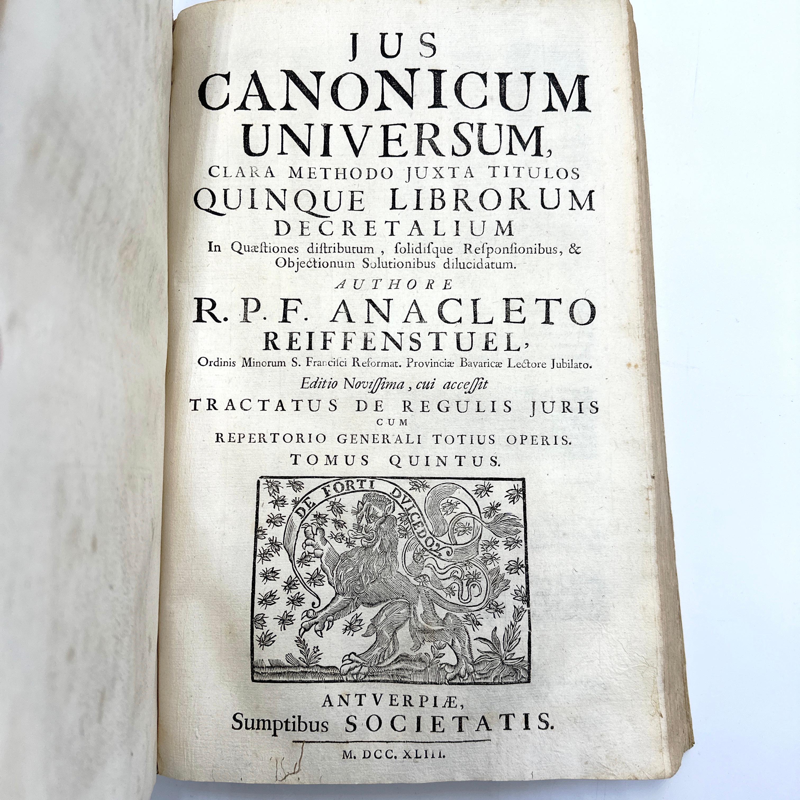 Leather 1743 Jus Canonicum Universum (Universal Canon Law) (2 volumes bound as 1). Bound For Sale