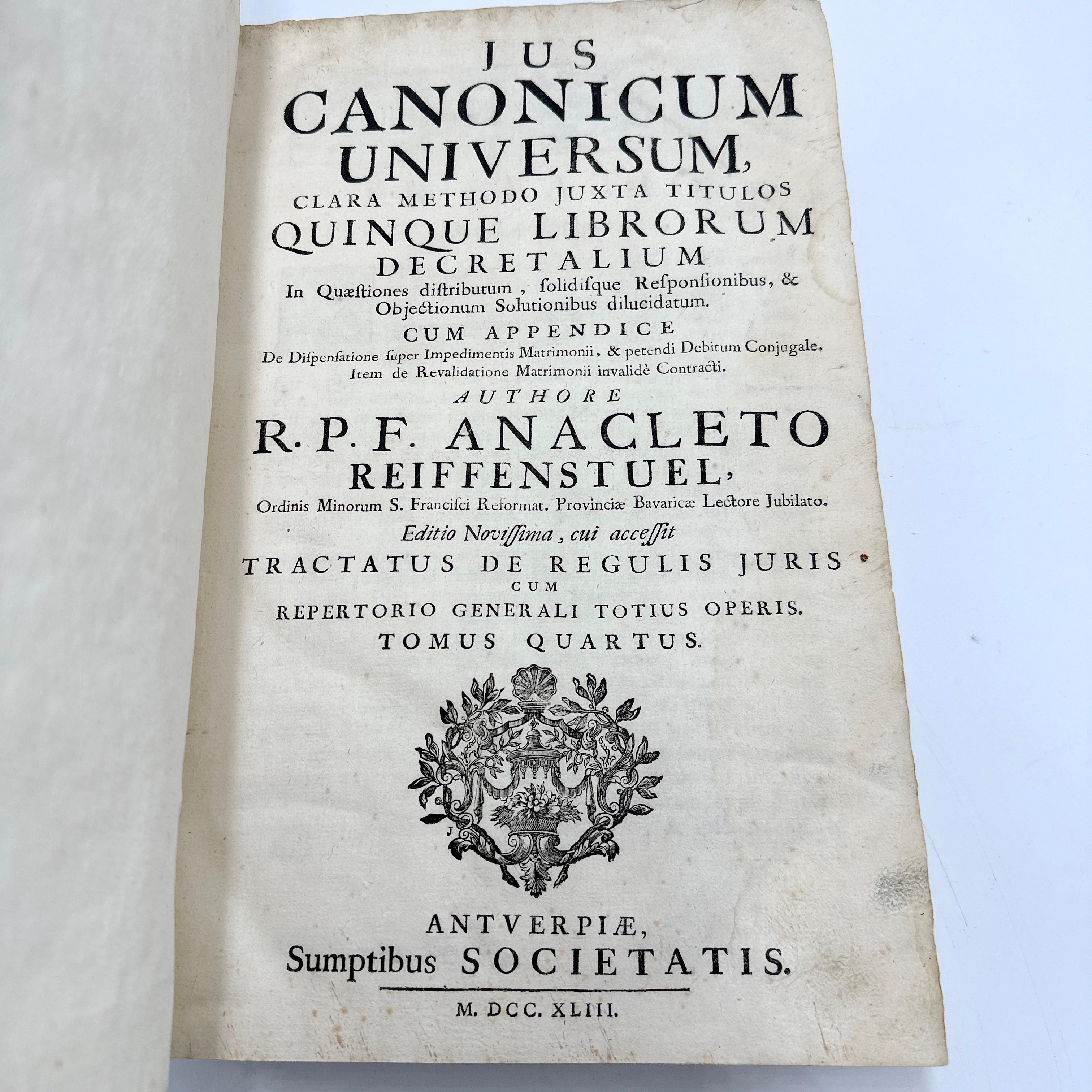 1743 Jus Canonicum Universum (Universal Canon Law) (2 volumes bound as 1). Bound For Sale 2