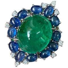 17.44 Carat Cabochon Emerald and Sapphire Cocktail Ring