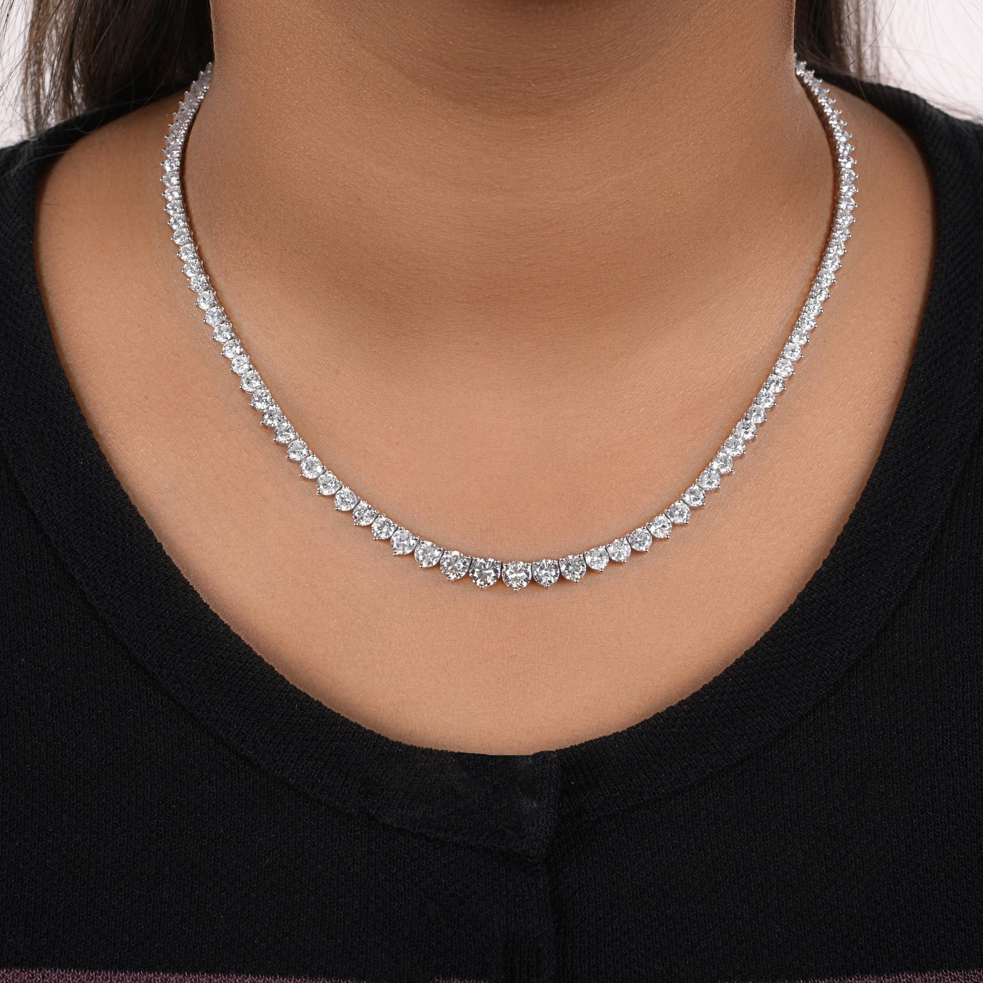 Round Cut 17.44 Carat SI/H Round Brilliant Cut Diamond Tennis Necklace 18 Karat White Gold For Sale