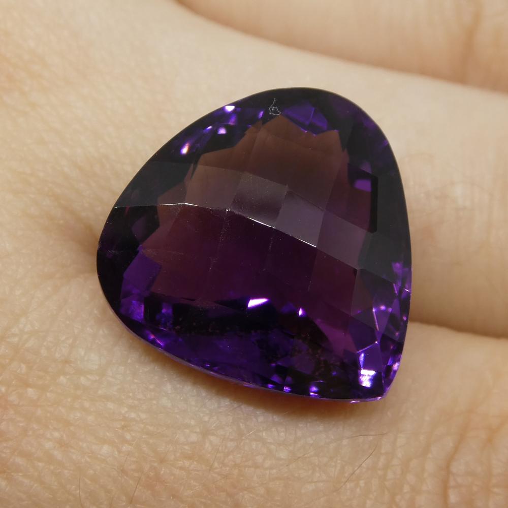 Description:

Gem Type: Amethyst
Number of Stones: 1
Weight: 17.44 cts
Measurements: 18.10x17.50x10.50 mm
Shape: Pear Checkerboard
Cutting Style Crown: Checkerboard
Cutting Style Pavilion: Modified Brilliant
Transparency: Transparent
Clarity: Very