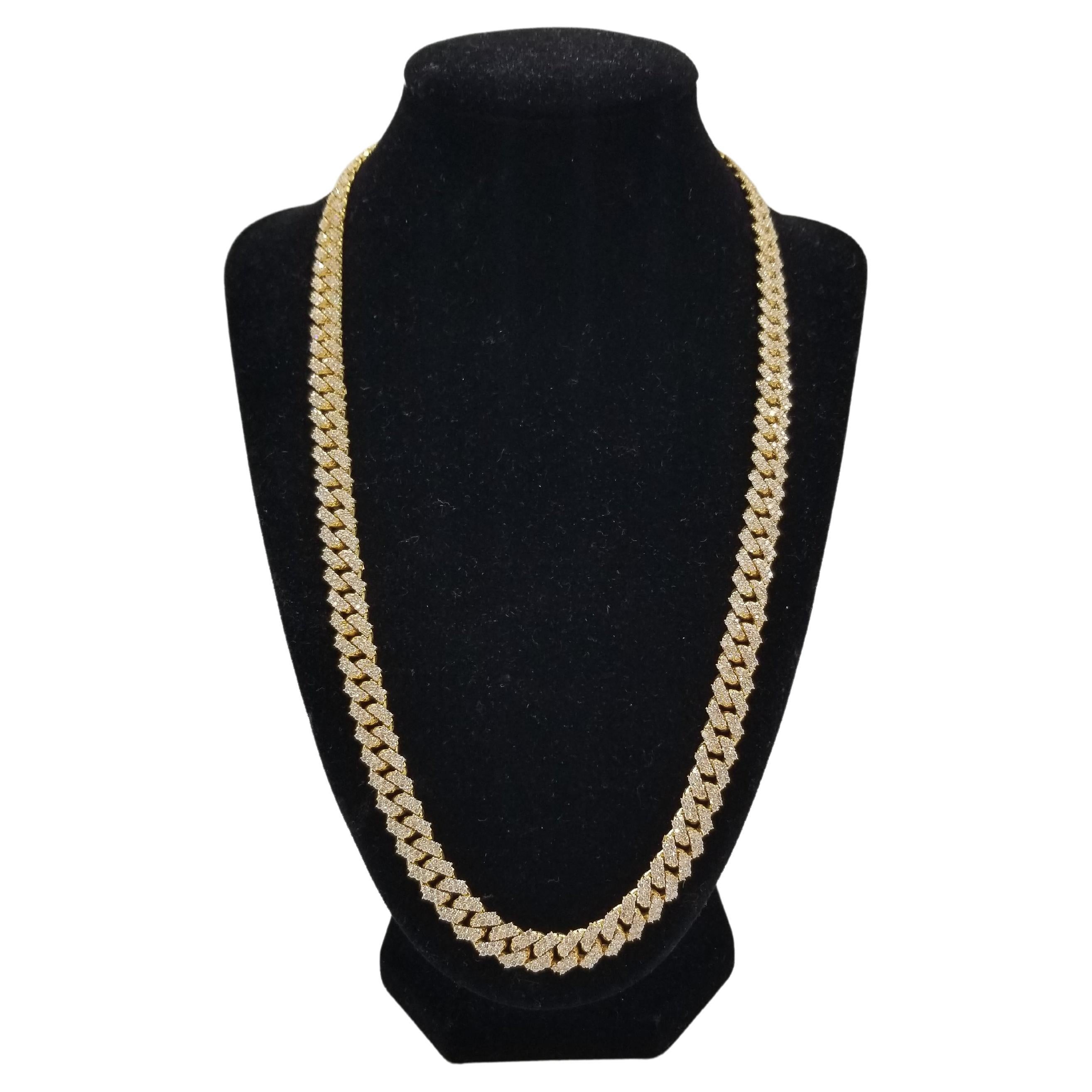 17.50 Carats Diamonds Heavy Cuban Link Necklace Chain 14 Karats Yellow Gold For Sale