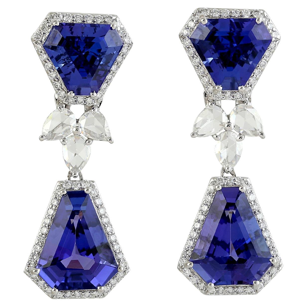 17.47ct Blue Tanzanite Dangle Earrings With Rosecut Diamonds In 18k White Gold