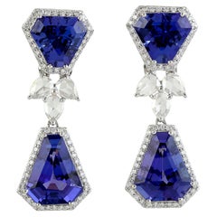 Pendants d'oreilles en or blanc 18 carats avec tanzanite bleue 17,47 carats et diamants taille rose