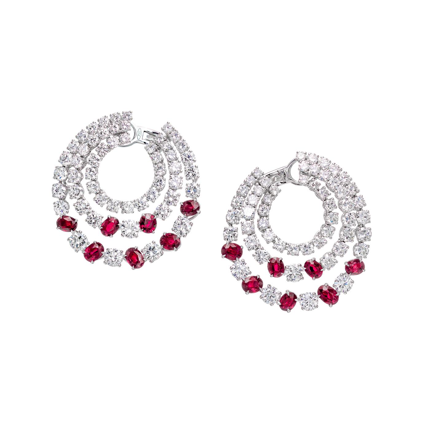 17.48 Carat Ruby and Diamond Hoop Earrings in 18K White Gold For Sale