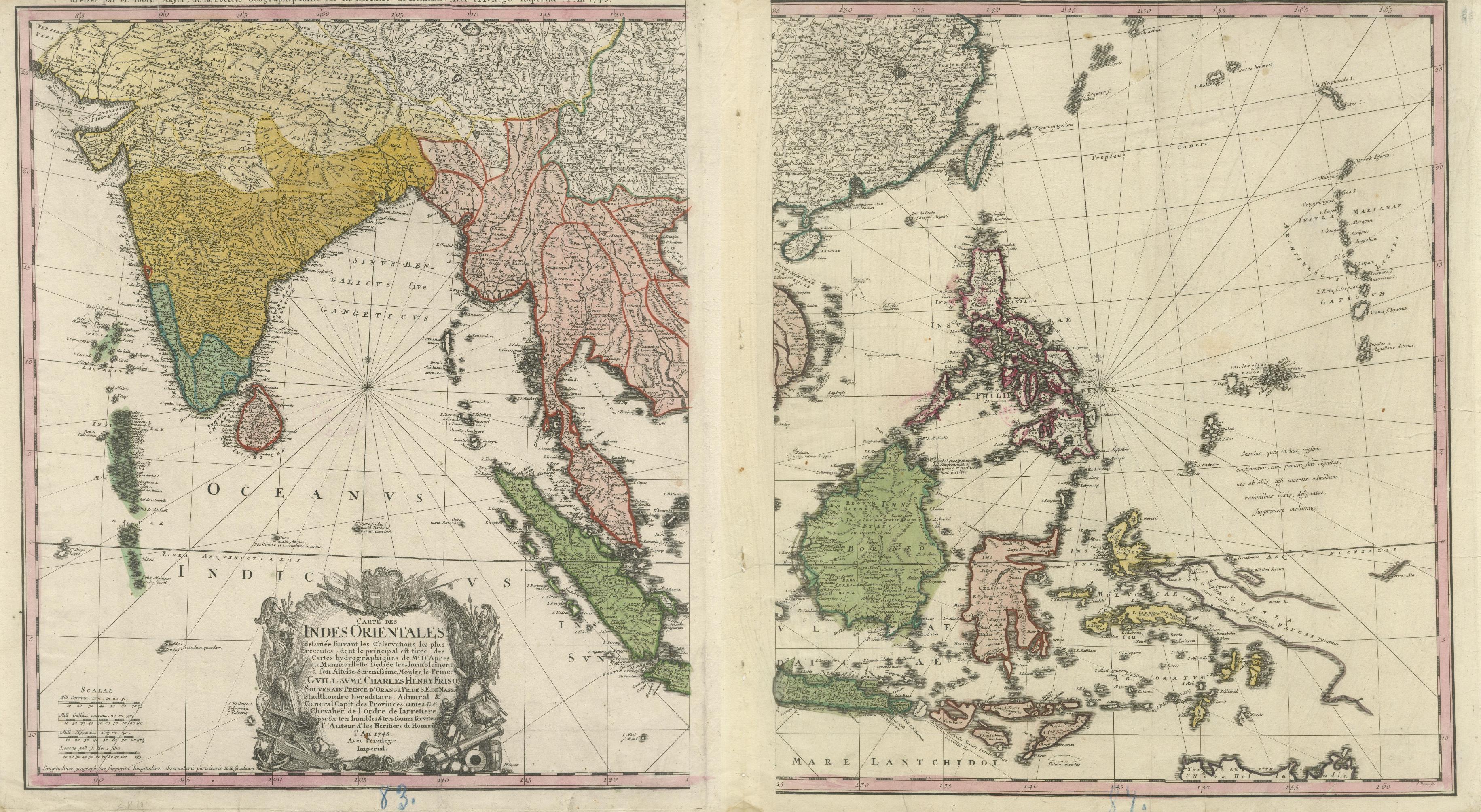 1748 Homann Heirs Doppia carta delle Indie Orientali e del Southeast Asia In condizioni discrete in vendita a Langweer, NL
