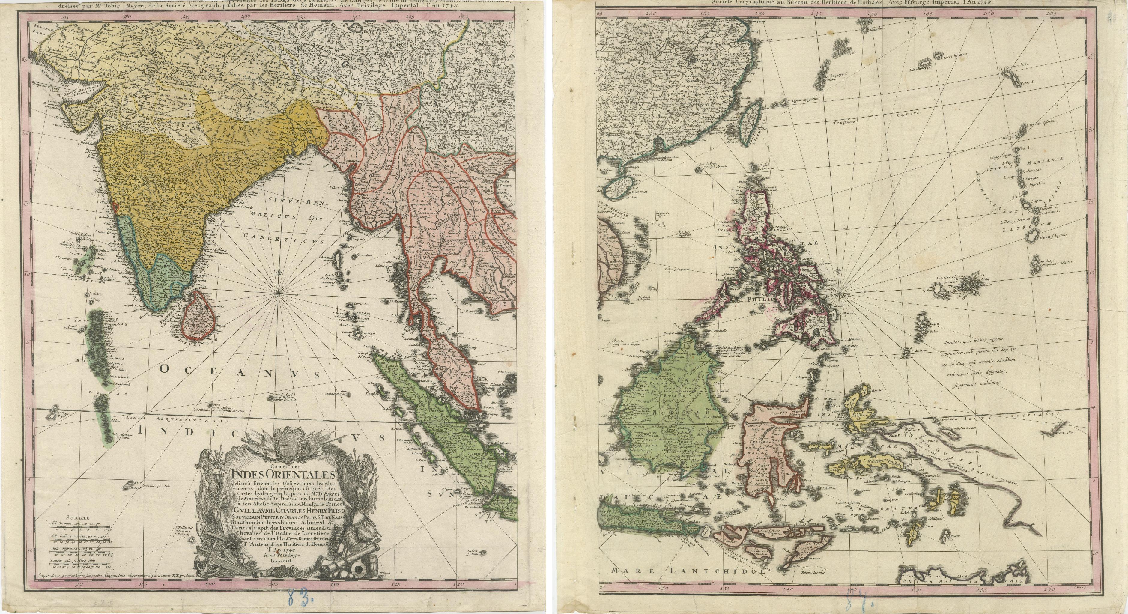 Metà XVIII secolo 1748 Homann Heirs Doppia carta delle Indie Orientali e del Southeast Asia in vendita