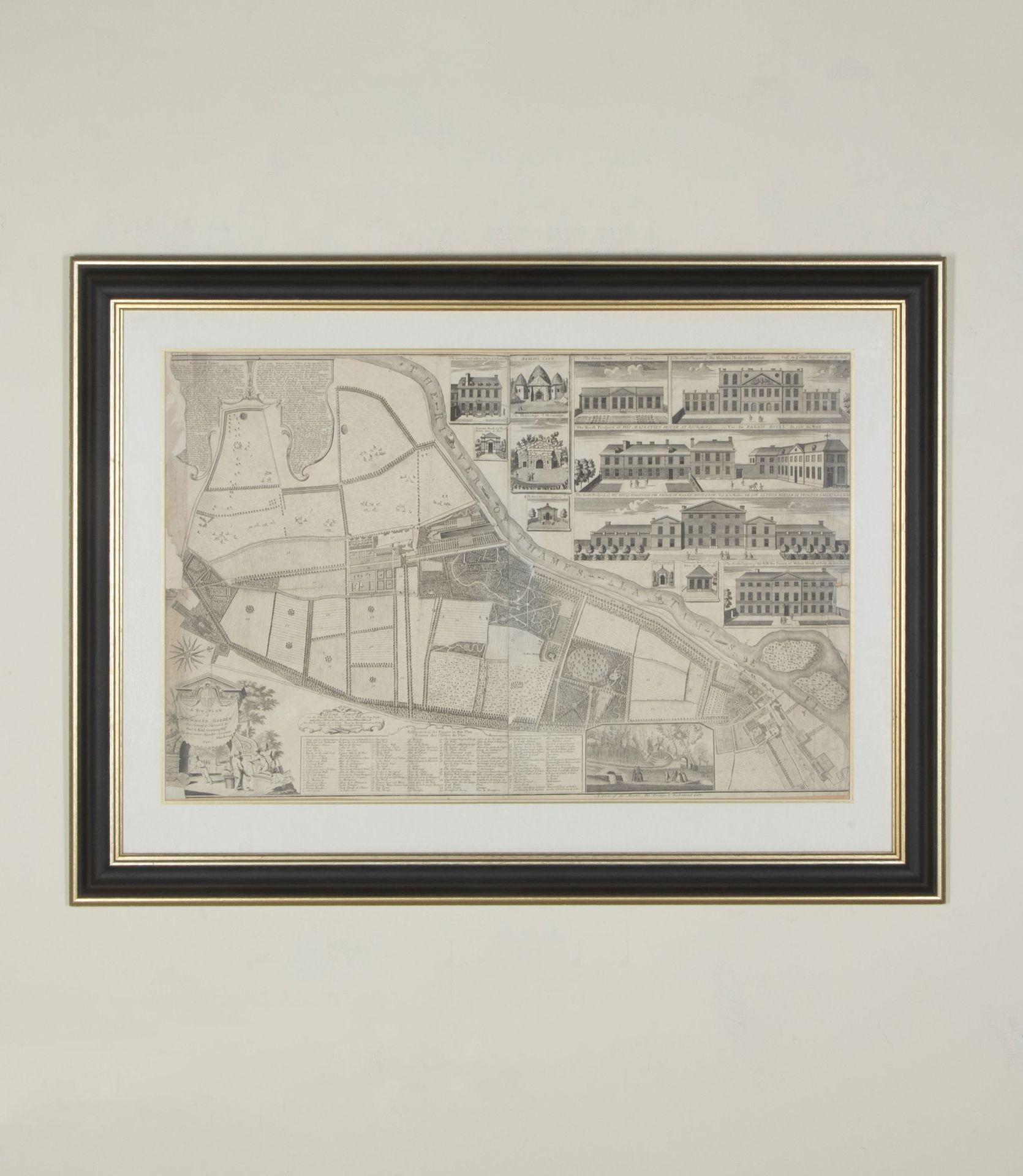 A 1748 map of Richmond-Upon-Thames by famed surveyor and cartographer, John Roque. Placed in a simple black and gilt frame. The map is in fair condition but there are small sections missing from the edges and a tear across the central section.