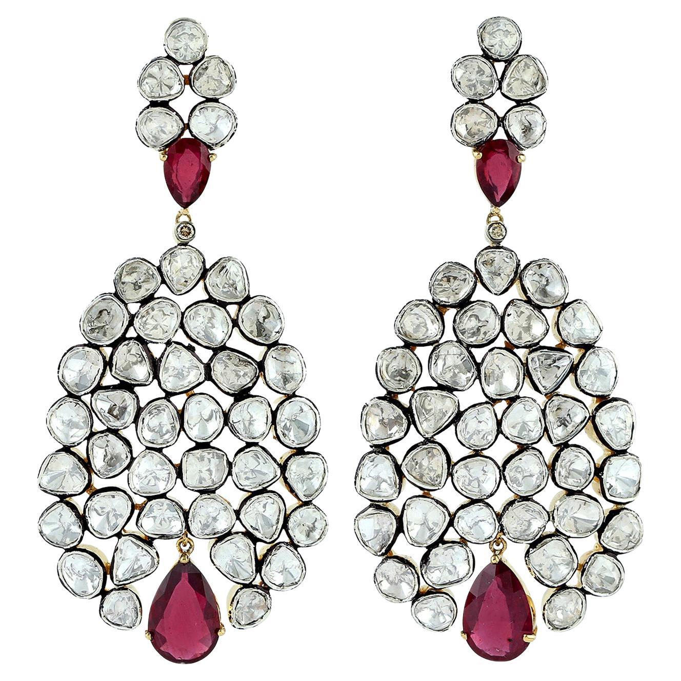 17.48ct Rosecut Diamonds Dangle Earrings With Ruby In 18k yellow Gold & Silver