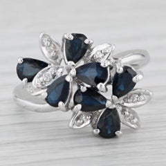 1.748ctw Blue Sapphire Diamond Cluster Flower Bypass Ring 14k White Gold Sz 6.25
