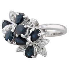 1.748ctw Blue Sapphire Diamond Cluster Flower Bypass Ring 14k White Gold Sz 6.25