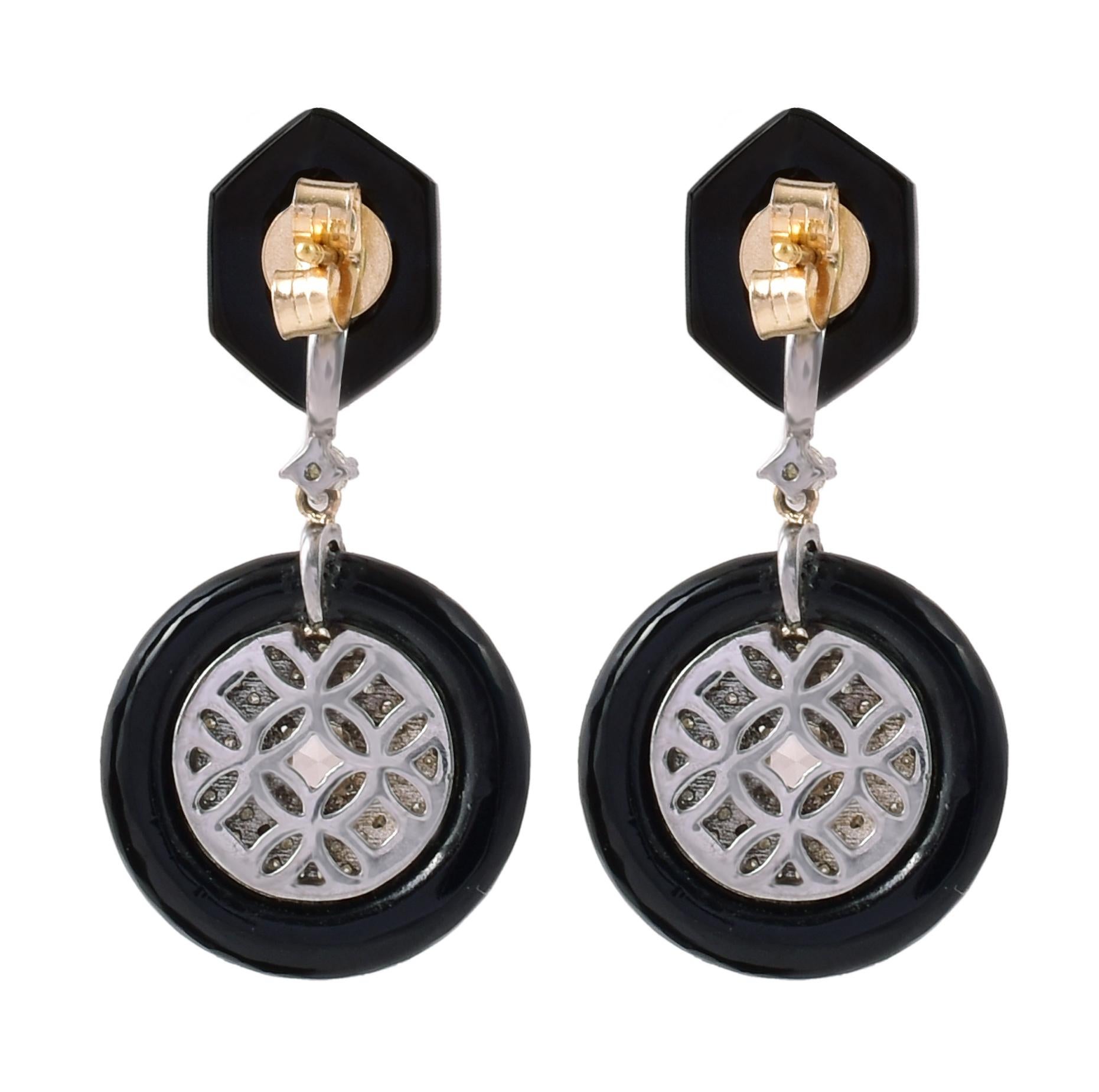 Women's 17.49 Carats Diamond, Rose-Cut Diamond, and Black Onyx Drop Earrings For Sale