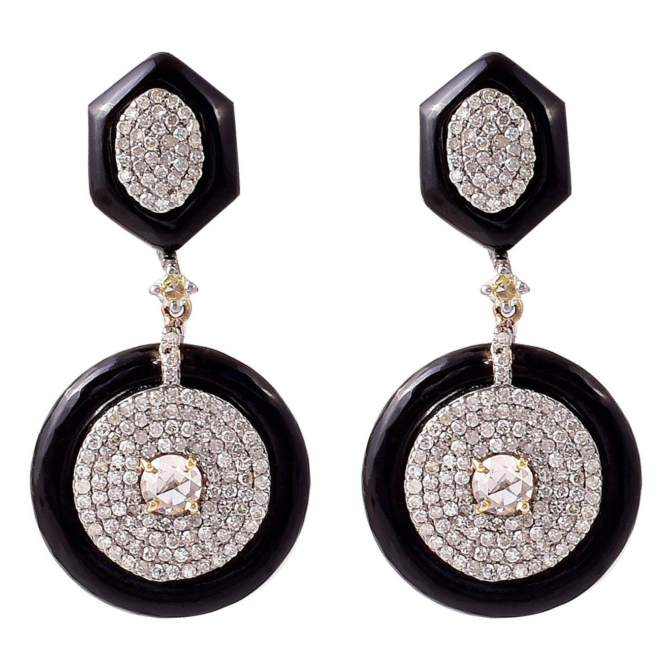 Boucles d'oreilles en goutte en diamant de 17,49 carats, diamant taillé en rose et onyx noir