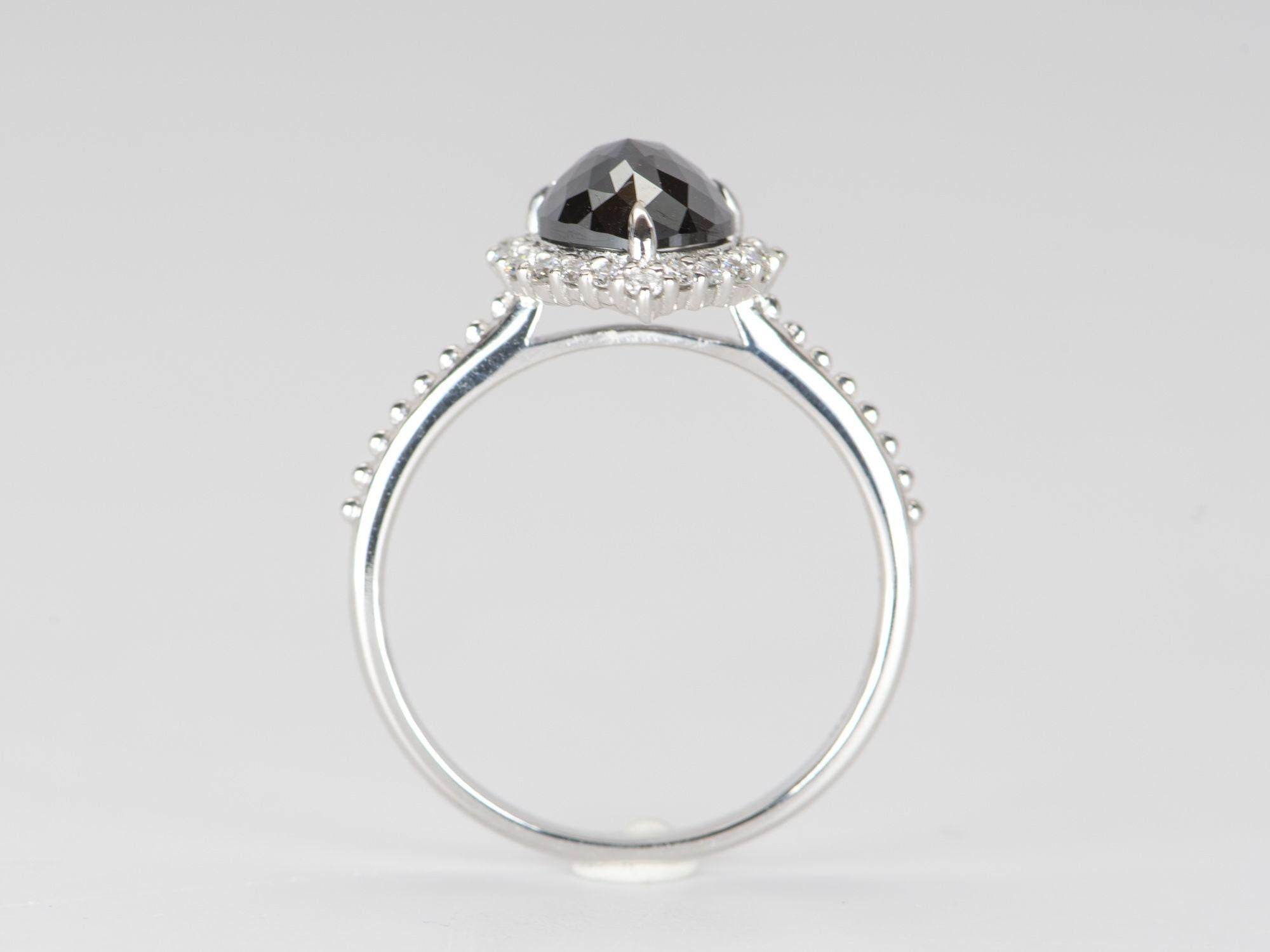 Pear Cut 1.74ct Black Diamond with Clear Halo 14K White Gold Engagement Ring R6306 For Sale