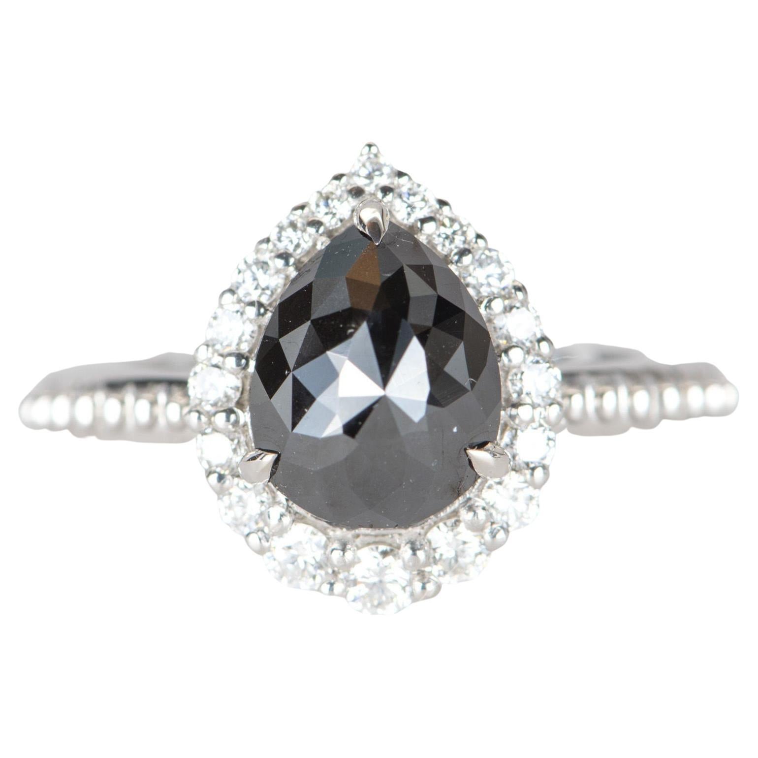 1.74ct Black Diamond with Clear Halo 14K White Gold Engagement Ring R6306 For Sale
