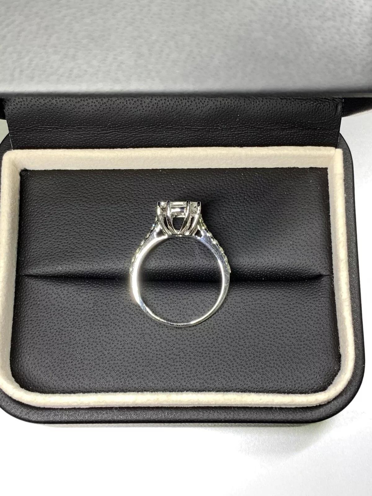 1.74ct Emerald diamond pave band engagement ring in 18k white gold. In New Condition For Sale In London, GB