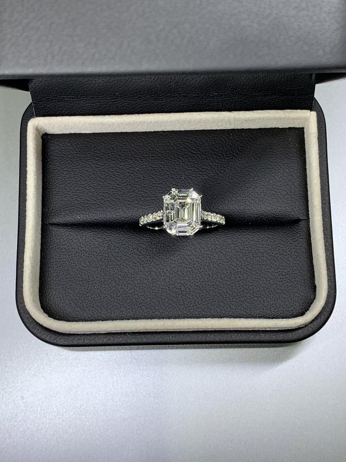 1.74ct Emerald diamond pave band engagement ring in 18k white gold. For Sale 1