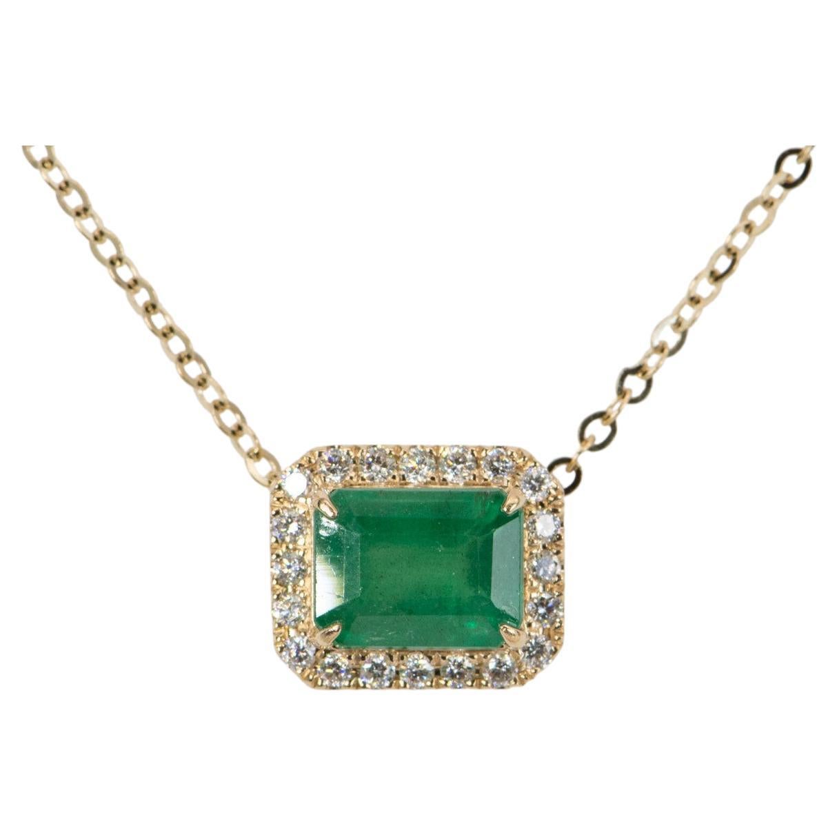 1.74ct Emerald with Diamond Halo 14K Yellow Gold Pendant Necklace Chain R4058 For Sale