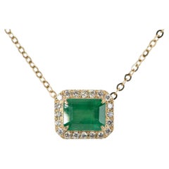 1.74ct Emerald with Diamond Halo 14K Yellow Gold Pendant Necklace Chain R4058