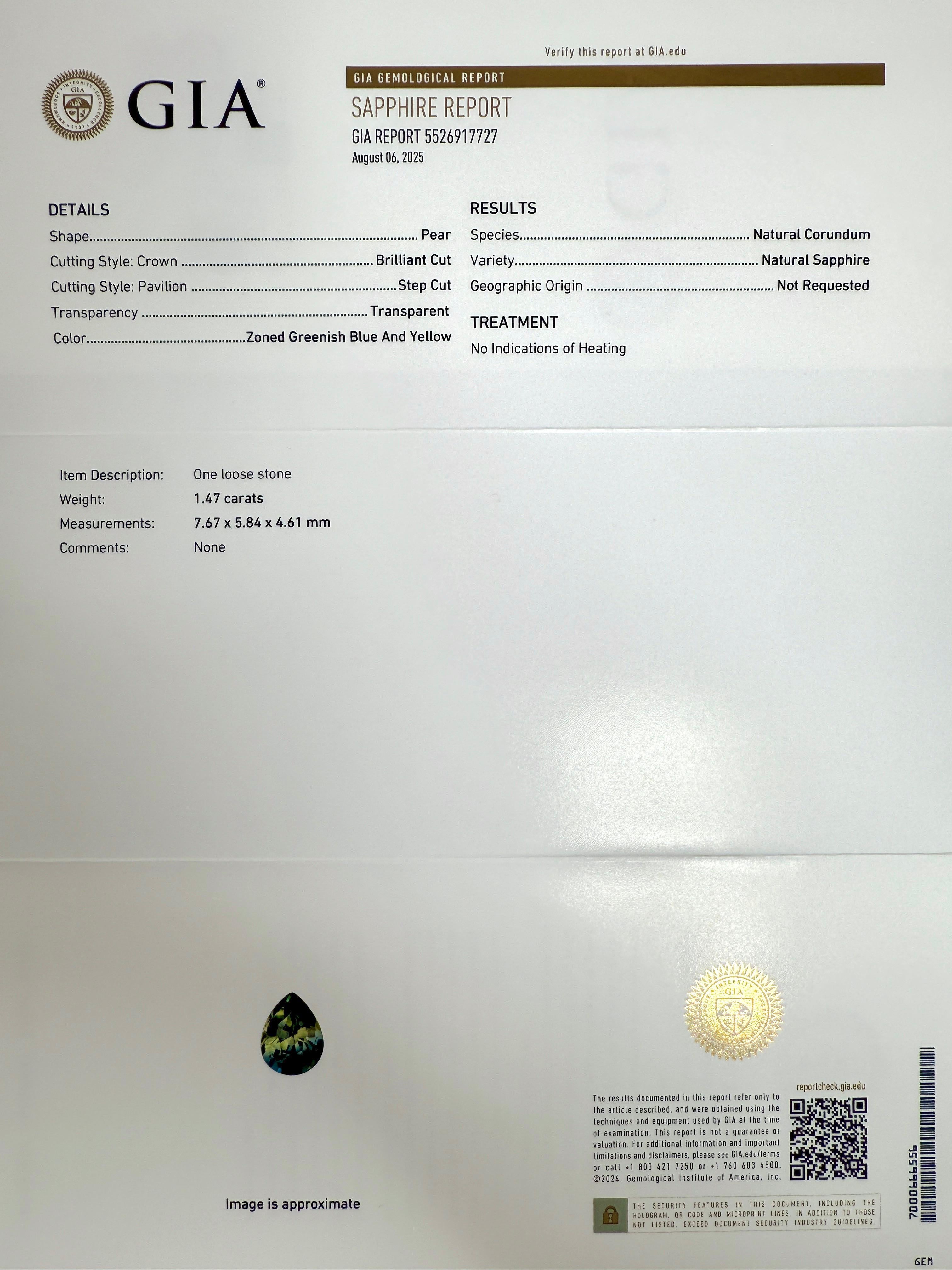 Anello in platino 950 con zaffiro e diamante di colore parziale non trattato, certificato GIA di alta qualità.

Raro zaffiro da 1,47 carati certificato GIA con uno splendido effetto cromatico a parti blu, giallo e verde. Molto raro e bello da