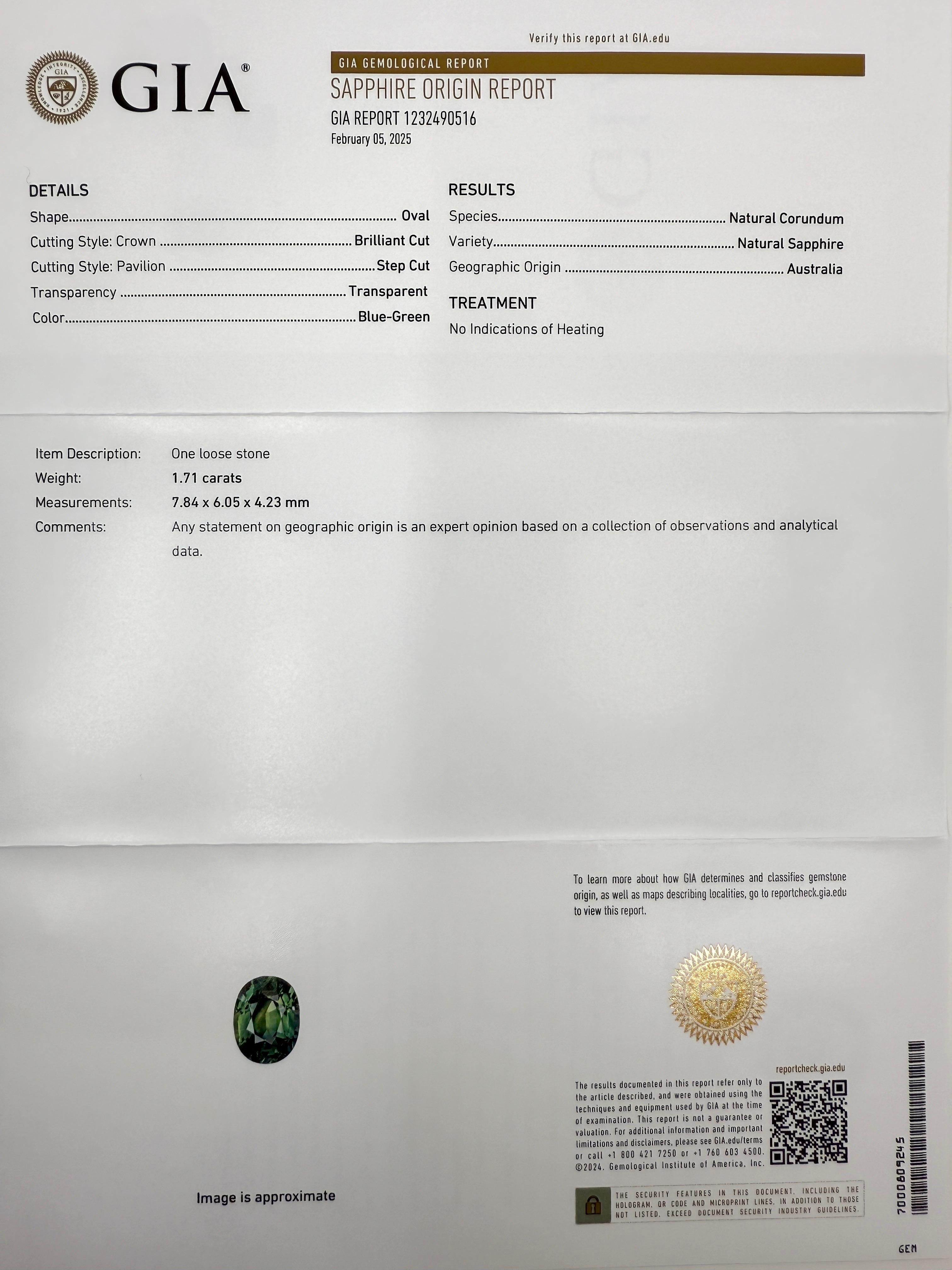 Collar con Colgante de Zafiro Australiano Verde Azul Profundo Natural y Diamante en Platino 950. 1,74 ct total.

Zafiro de 1,71 quilates certificado por el GIA con un color azul verde intenso único.
Este zafiro también tiene una claridad muy buena.