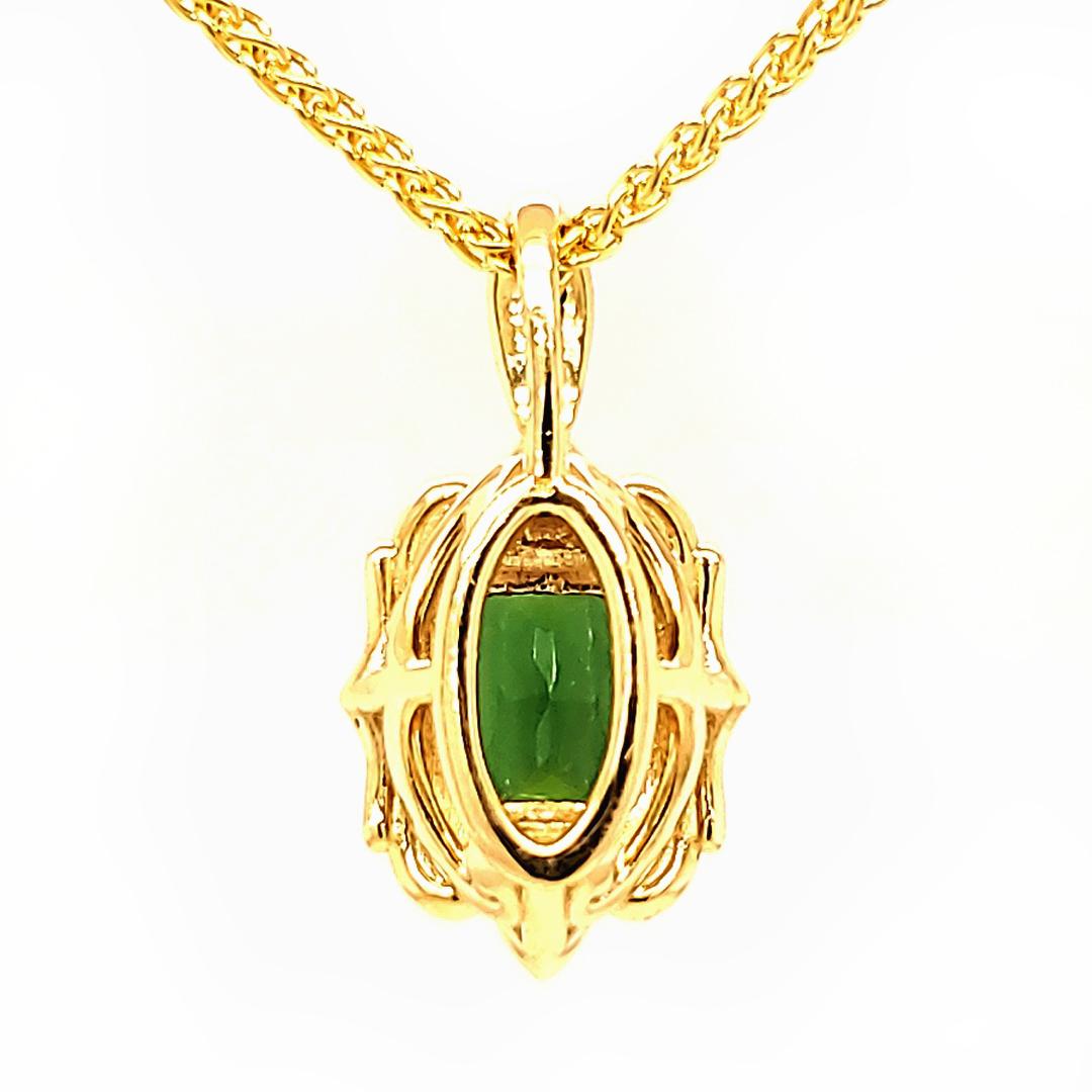 Radiant Cut 1.74ct Green Tourmaline and Diamond Pendant in 14kt Yellow Gold For Sale