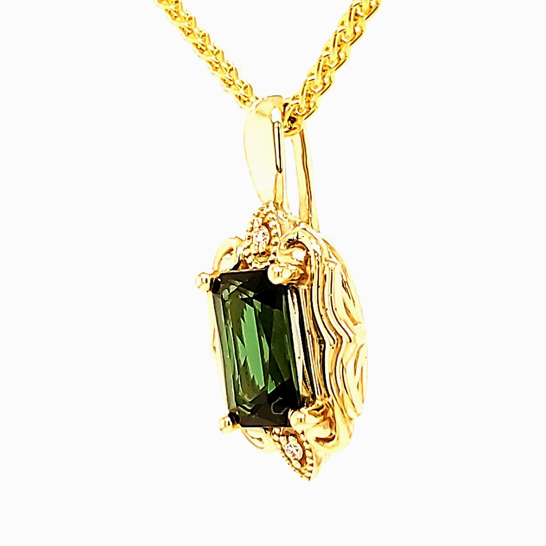 Victorian 1.74ct Green Tourmaline and Diamond Pendant in 14kt Yellow Gold For Sale