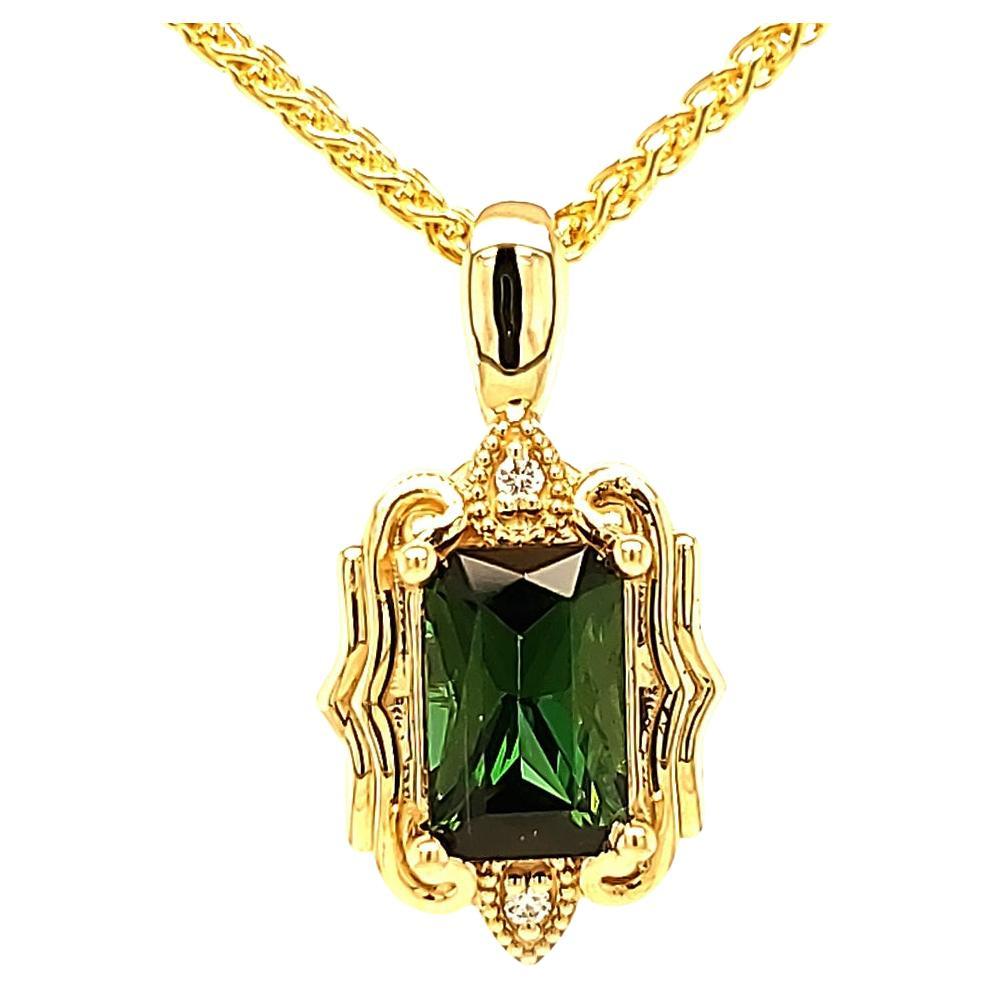 1.74ct Green Tourmaline and Diamond Pendant in 14kt Yellow Gold For Sale