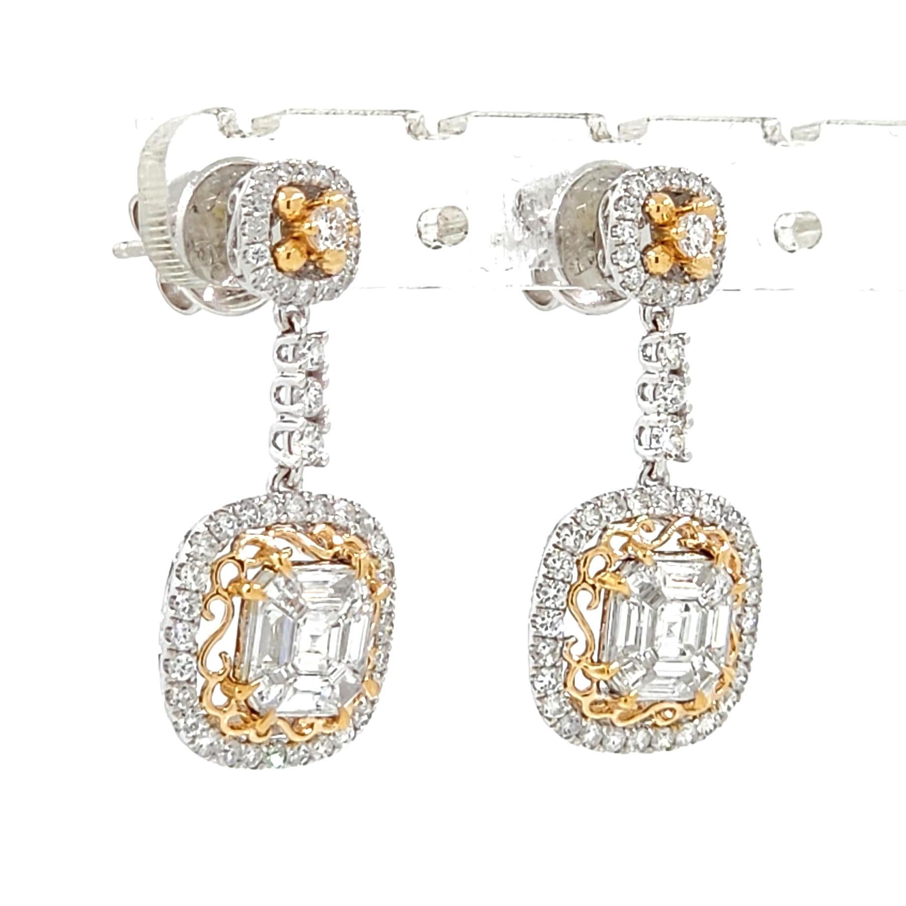 Dive into the realm of sophistication with our 1.74CT Illusion Setting Diamonds Drop Earrings, set in a harmonious blend of 18-karat rose and white gold. A true work of art, these earrings are designed to amplify elegance and catch every eye in the