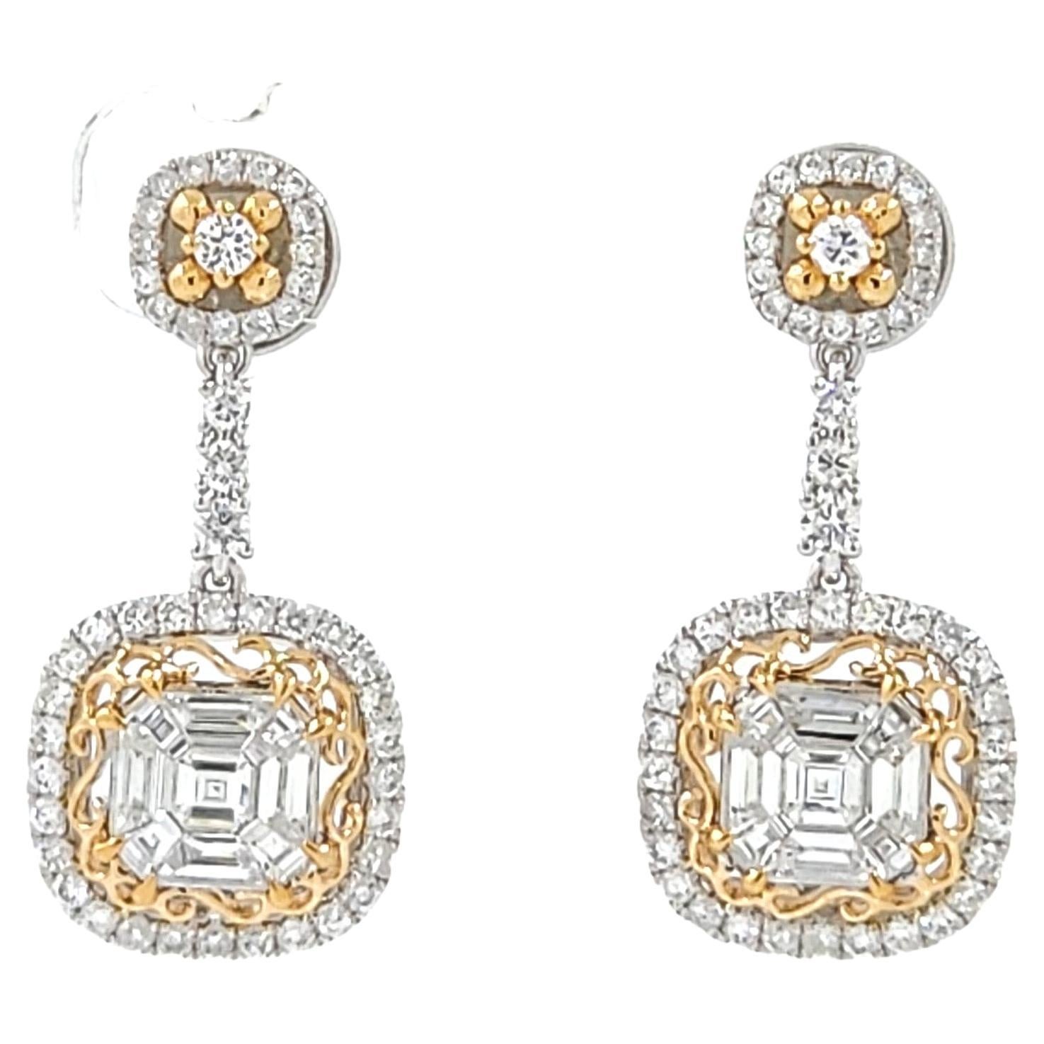 1.74ct Illusion Setting Diamonds Drop Earring in 18 Karat Rose and White Gold For Sale