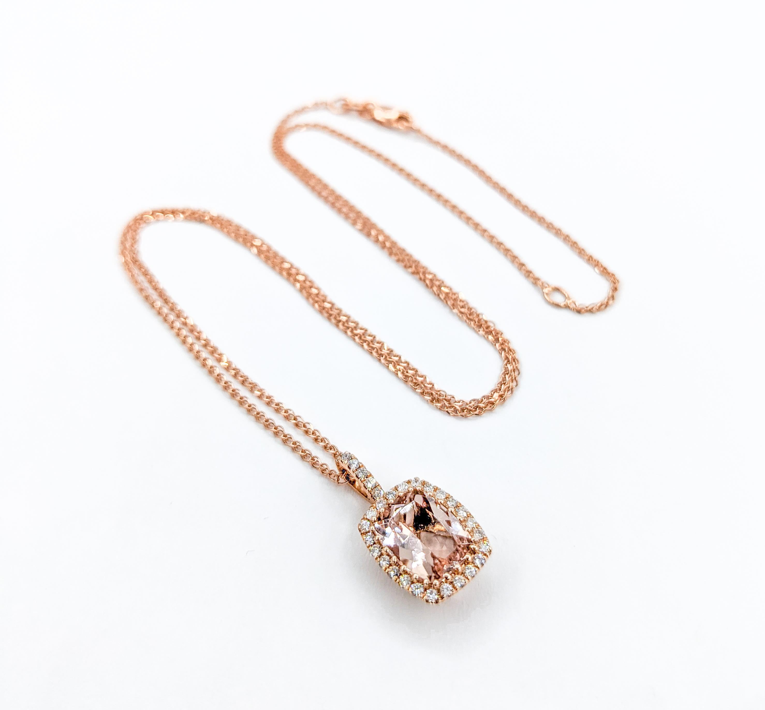 1.74ct Morganite & Diamond Pendant Necklace in Rose Gold

Introducing our exquisite Morganite Pendant in 14k Rose Gold. This dazzling pendant features a mesmerizing 1.74 carat Morganite graced by 0.18 carats of glittering Diamonds with exceptional