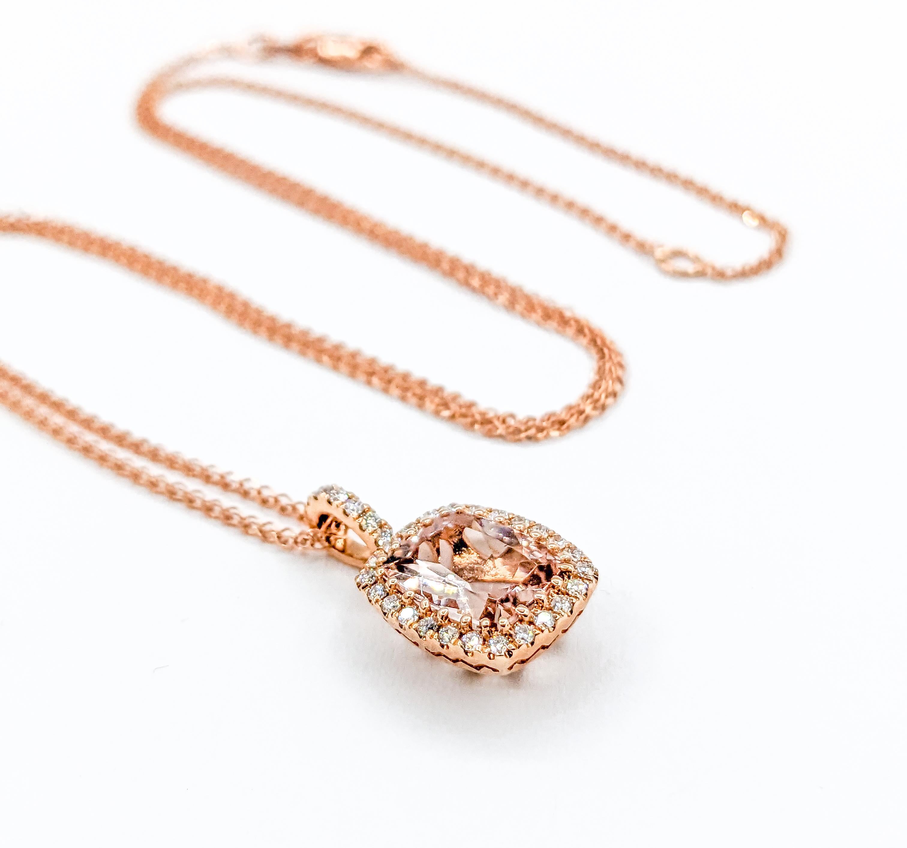 Contemporary 1.74ct Morganite & Diamond Pendant Necklace in Rose Gold For Sale