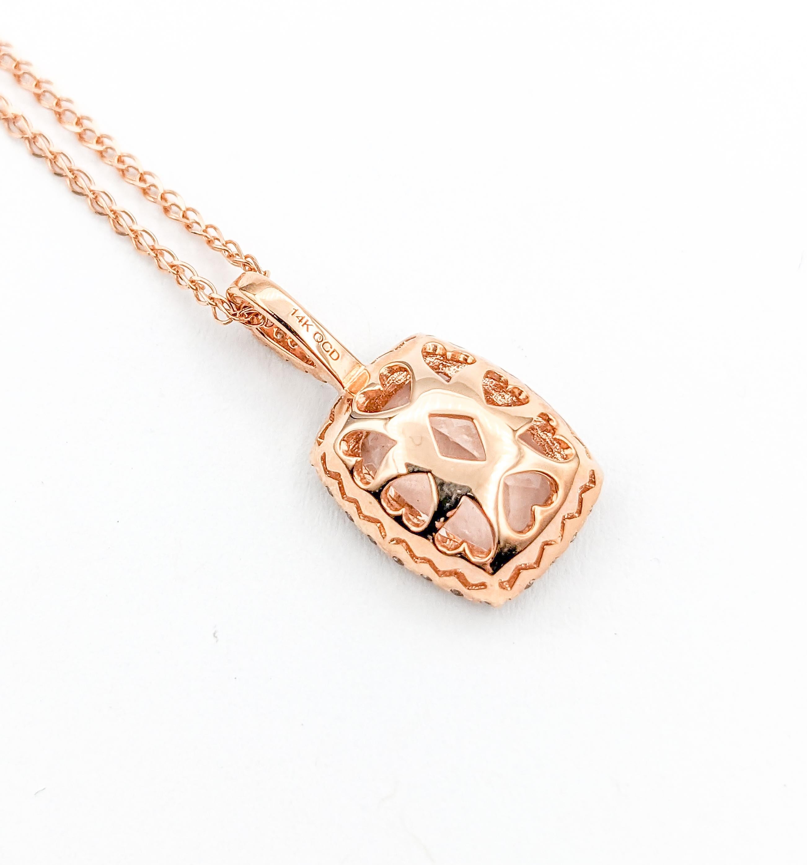 Cushion Cut 1.74ct Morganite & Diamond Pendant Necklace in Rose Gold For Sale