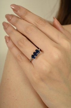 1.74Ct Natural Deep Blue Sapphire & Diamond Three Stone Ring in 14K White Gold