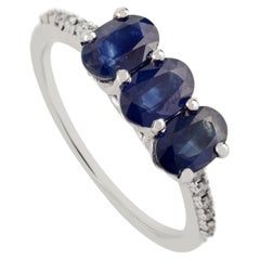 1.74Ct Natural Deep Blue Sapphire & Diamond Three Stone Ring in 14K White Gold