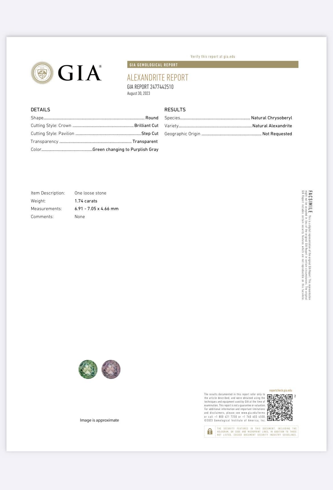 1.74 Karat runder Alexandrit. Ring aus Platin und 18 Karat Gelbgold. GIA-zertifiziert. im Zustand „Neu“ im Angebot in Los Angeles, CA