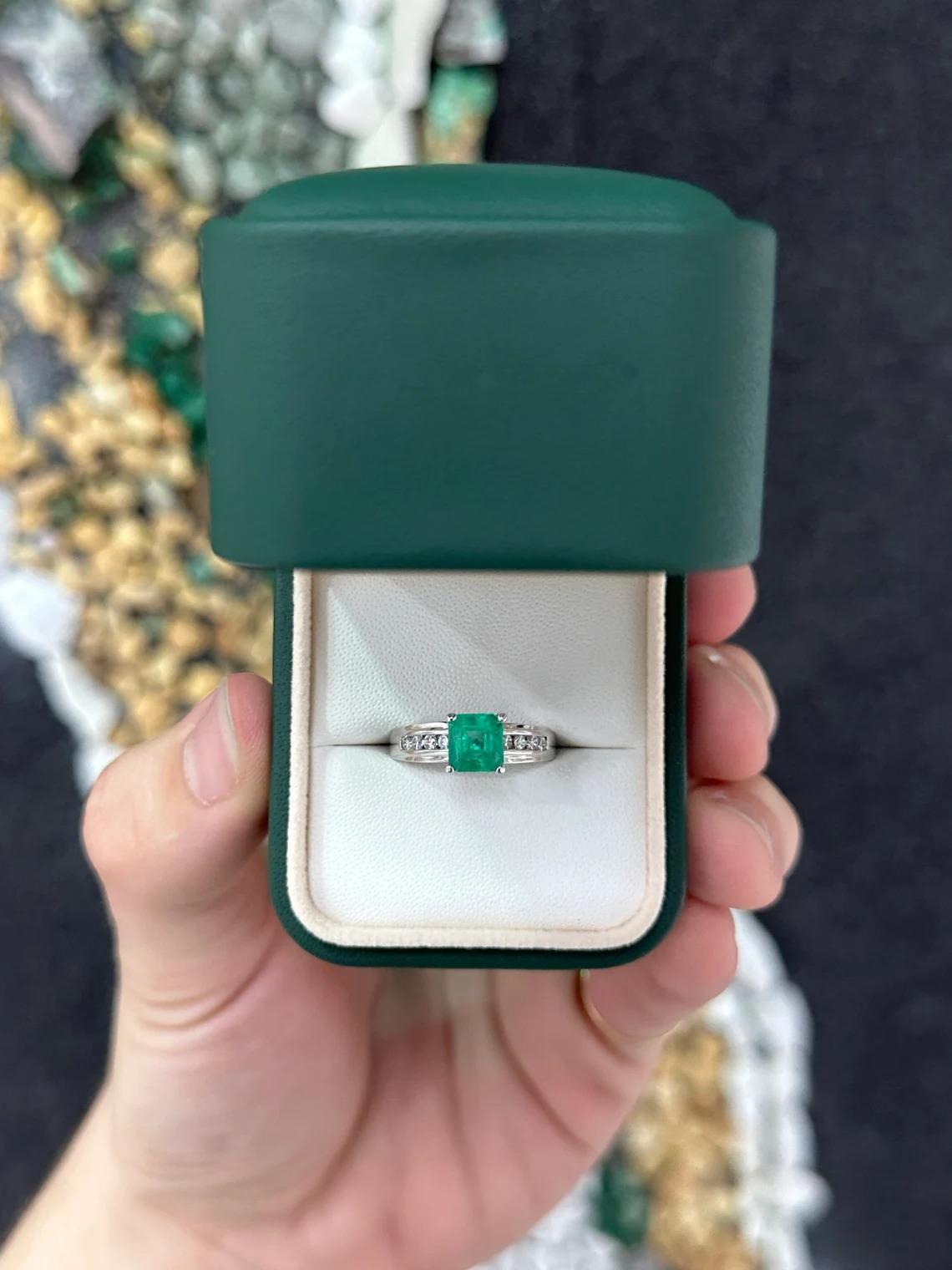 Asscher Cut 1.74tcw 14K Asscher Colombian Emerald & Diamond Shank Accent White Gold Ring For Sale