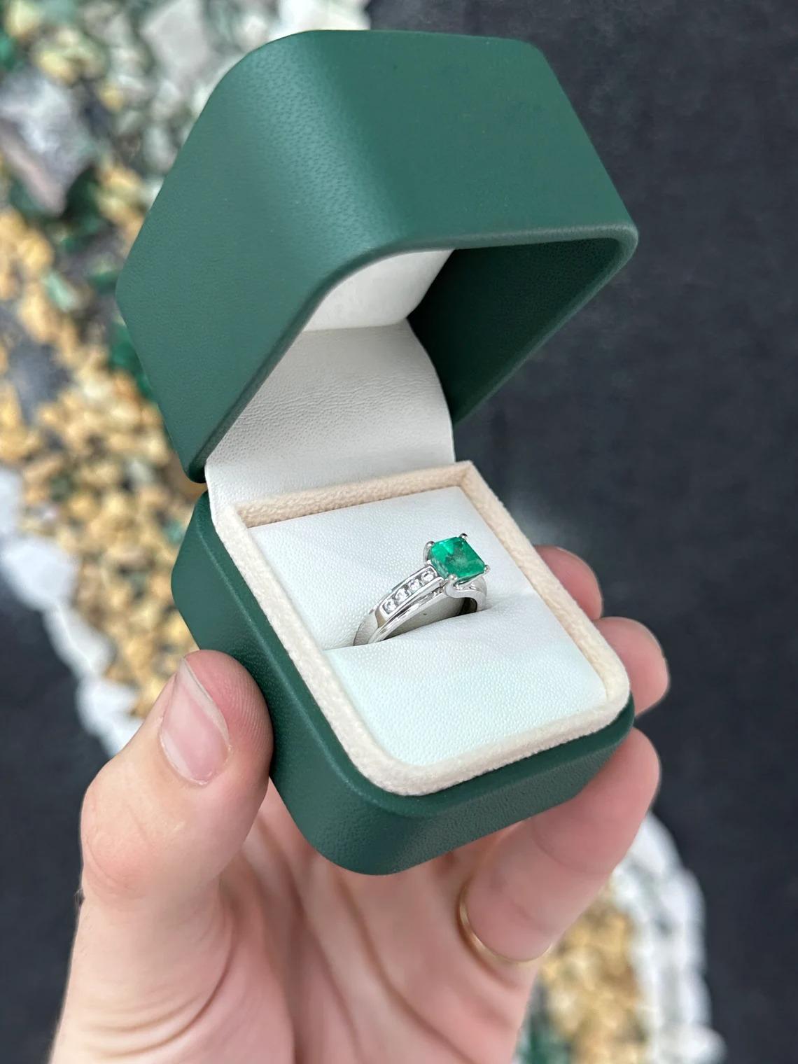 1.74tcw 14K Asscher Colombian Emerald & Diamond Shank Accent White Gold Ring In New Condition For Sale In Jupiter, FL