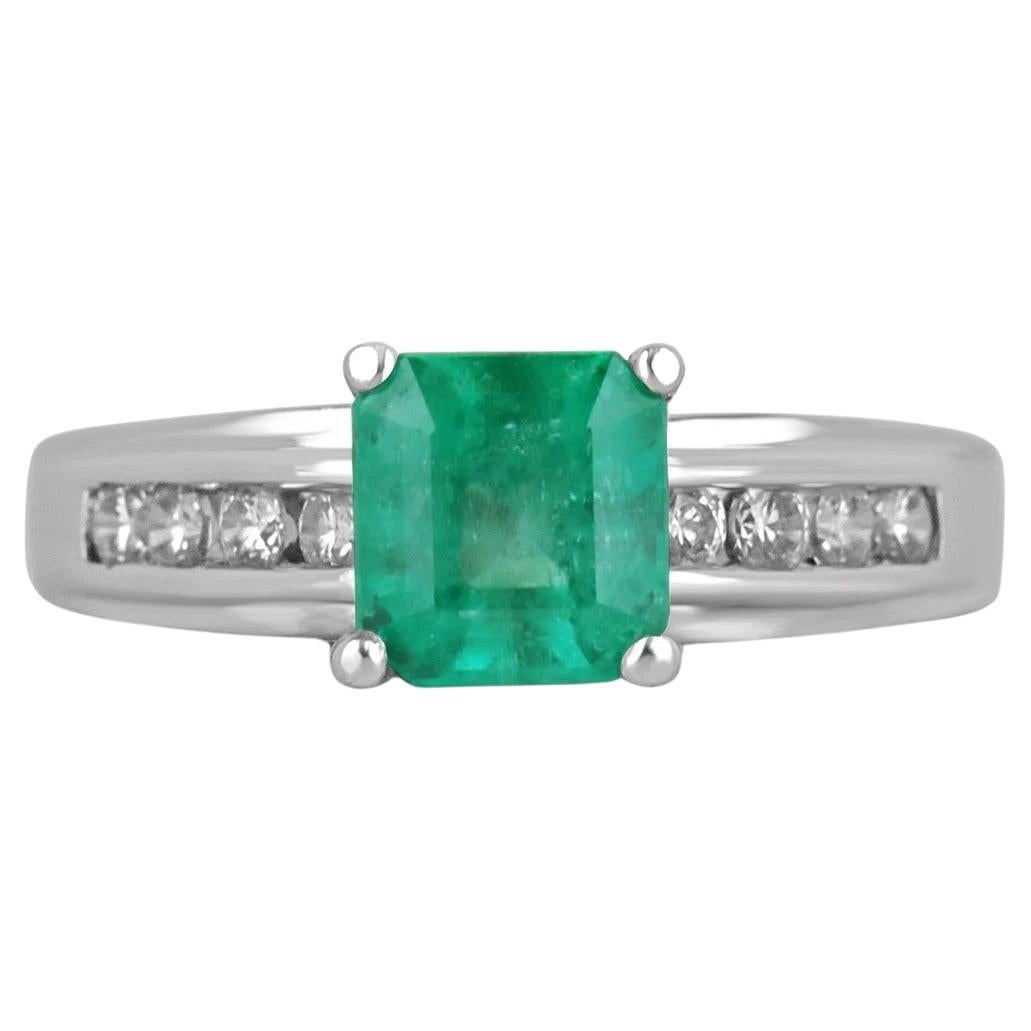 1.74tcw 14K Asscher Colombian Emerald & Diamond Shank Accent White Gold Ring For Sale