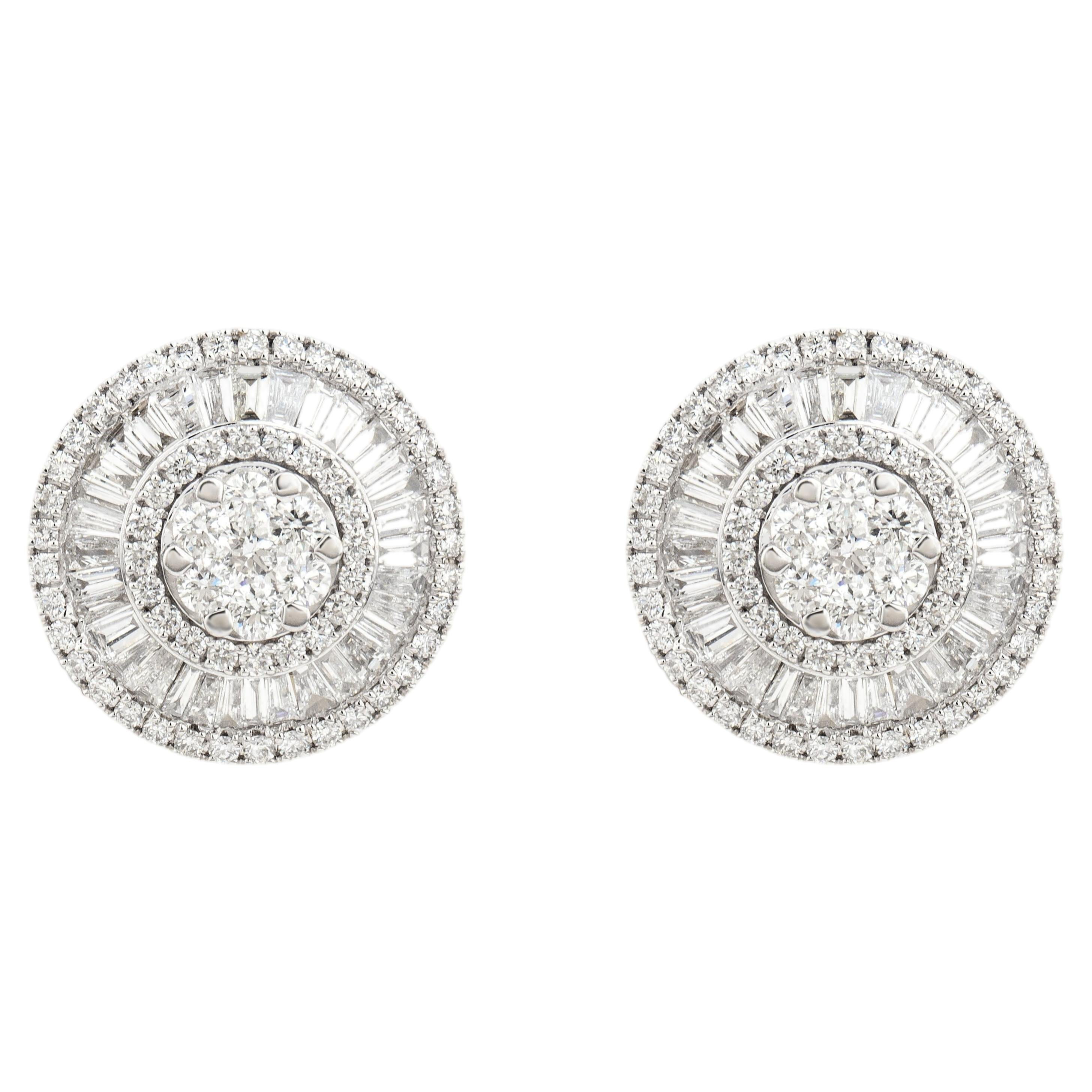 1.75 Carat 18 White Gold Round Diamond Floral Cluster Double Halo Stud Earrings For Sale