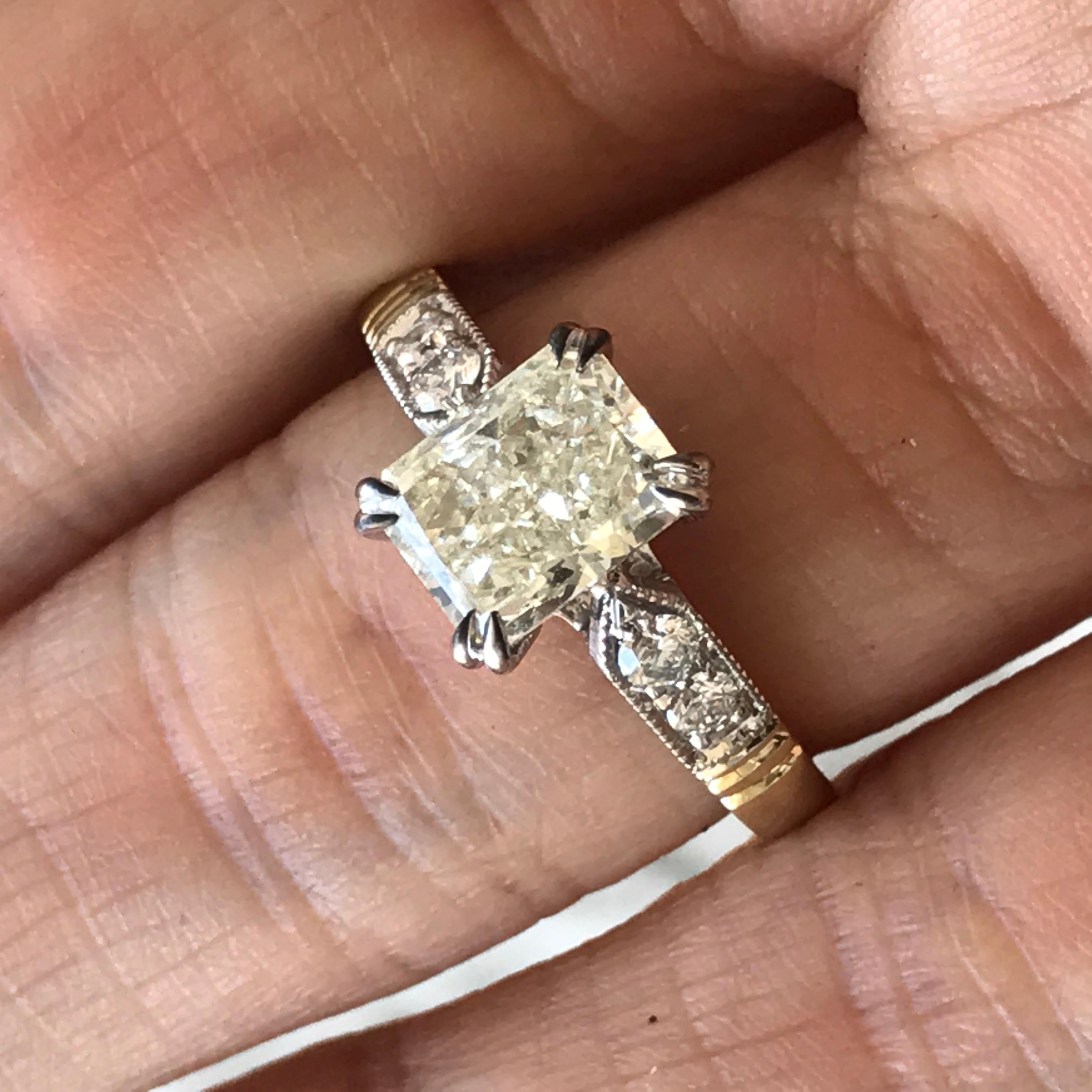 Women's 1.75 Carat Approximate Radiant Diamond with Milgrain, Ben Dannie For Sale