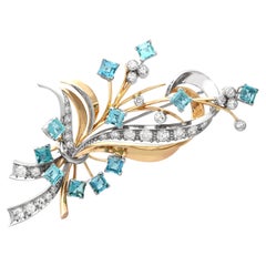 1,75 Karat Aquamarin, 1,38 Karat Diamant, Brosche aus 18-karätigem Gelbgold mit Palladium-Sprühbeschichtung