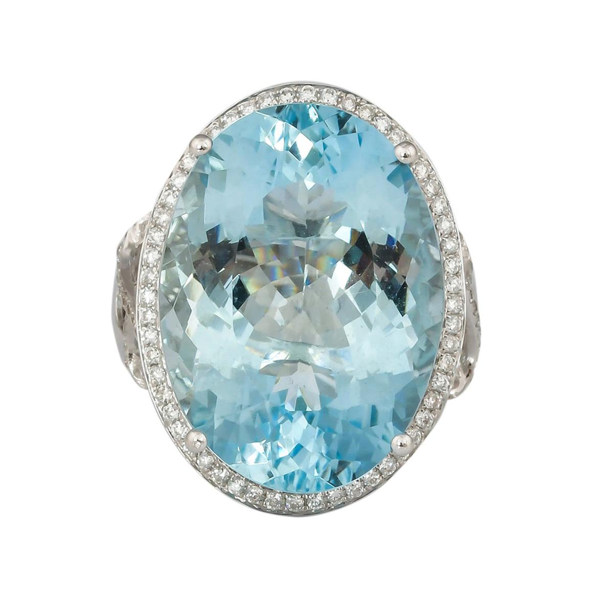17.5 Carat Aquamarine and Diamond Ring in 18 Karat White Gold For Sale
