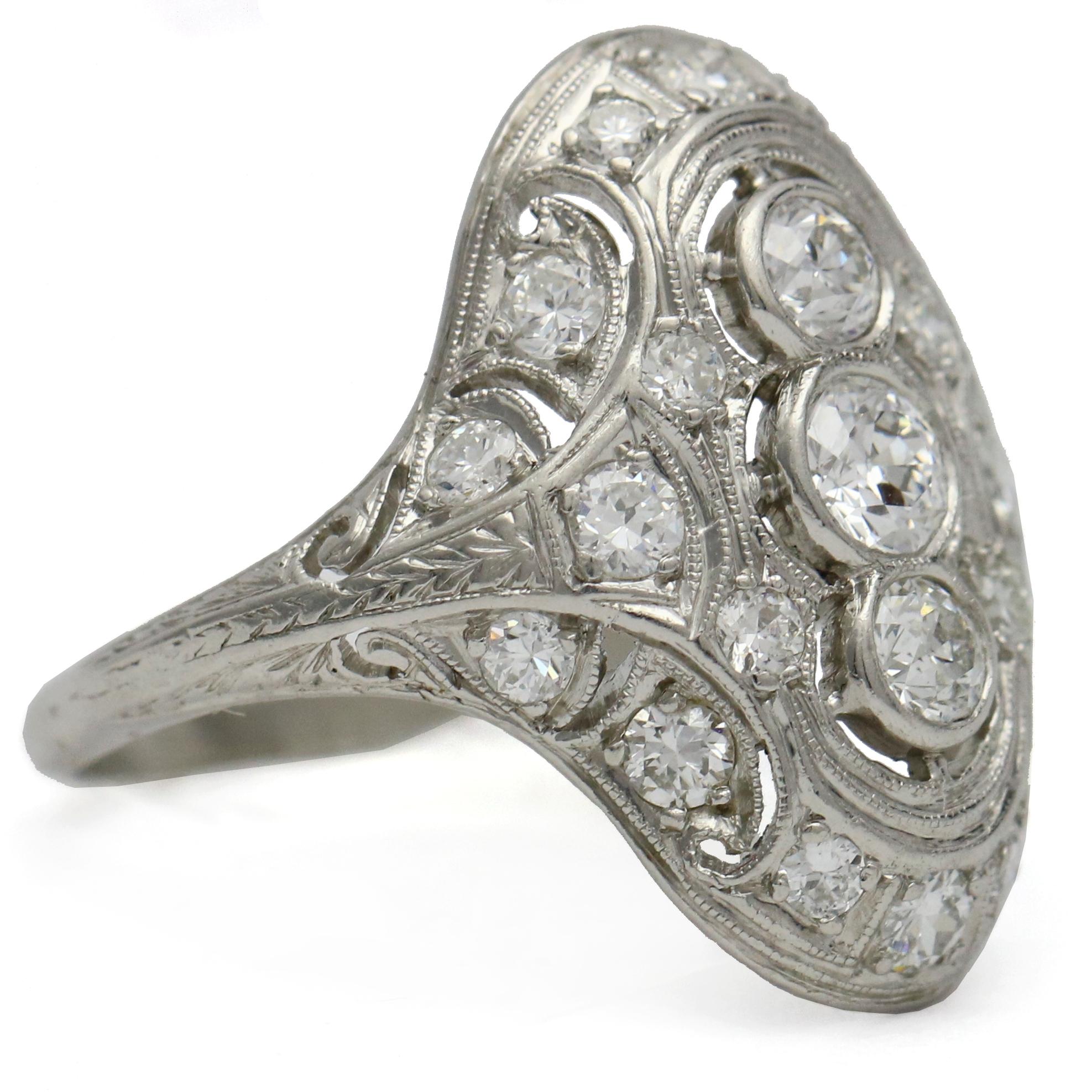 Old European Cut 1.75 Carat Art Deco Diamond Platinum Filigree Dinner Ring For Sale