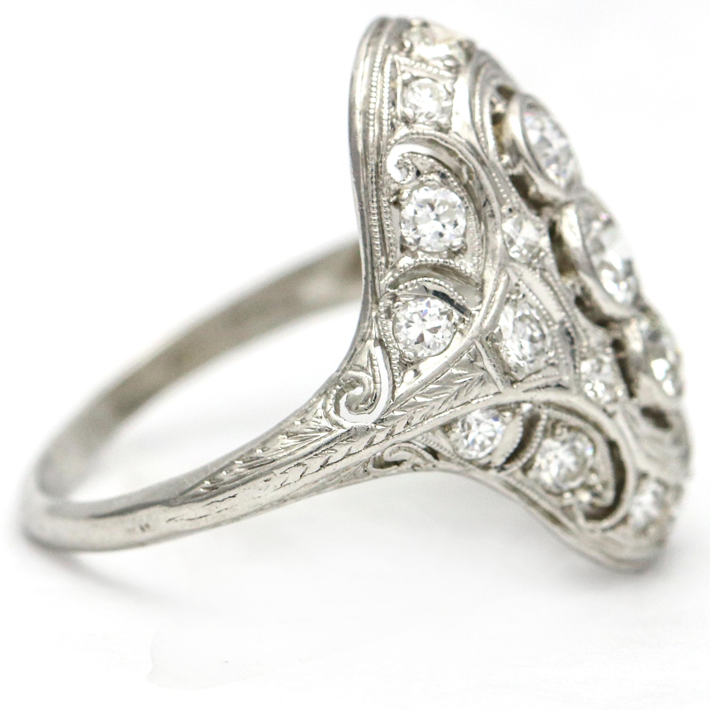 1.75 Carat Art Deco Diamond Platinum Filigree Dinner Ring In Good Condition For Sale In Fort Lauderdale, FL